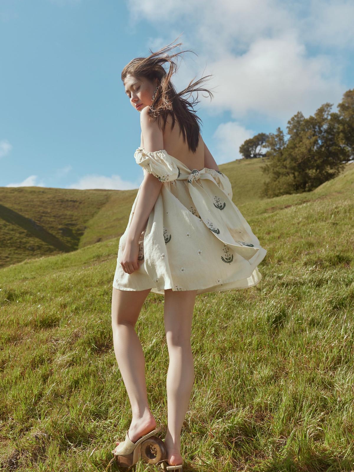 Meadow Beaded Puff Sleeve Mini Dress - Cream & Ivory Floral Beading - Image 3